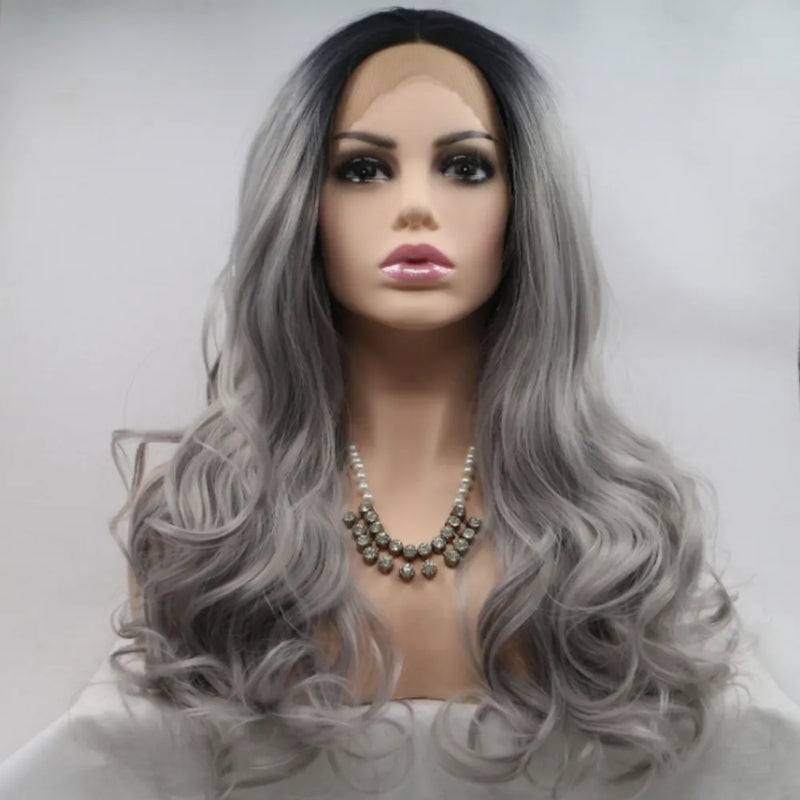 Long wavy lace front wig front view