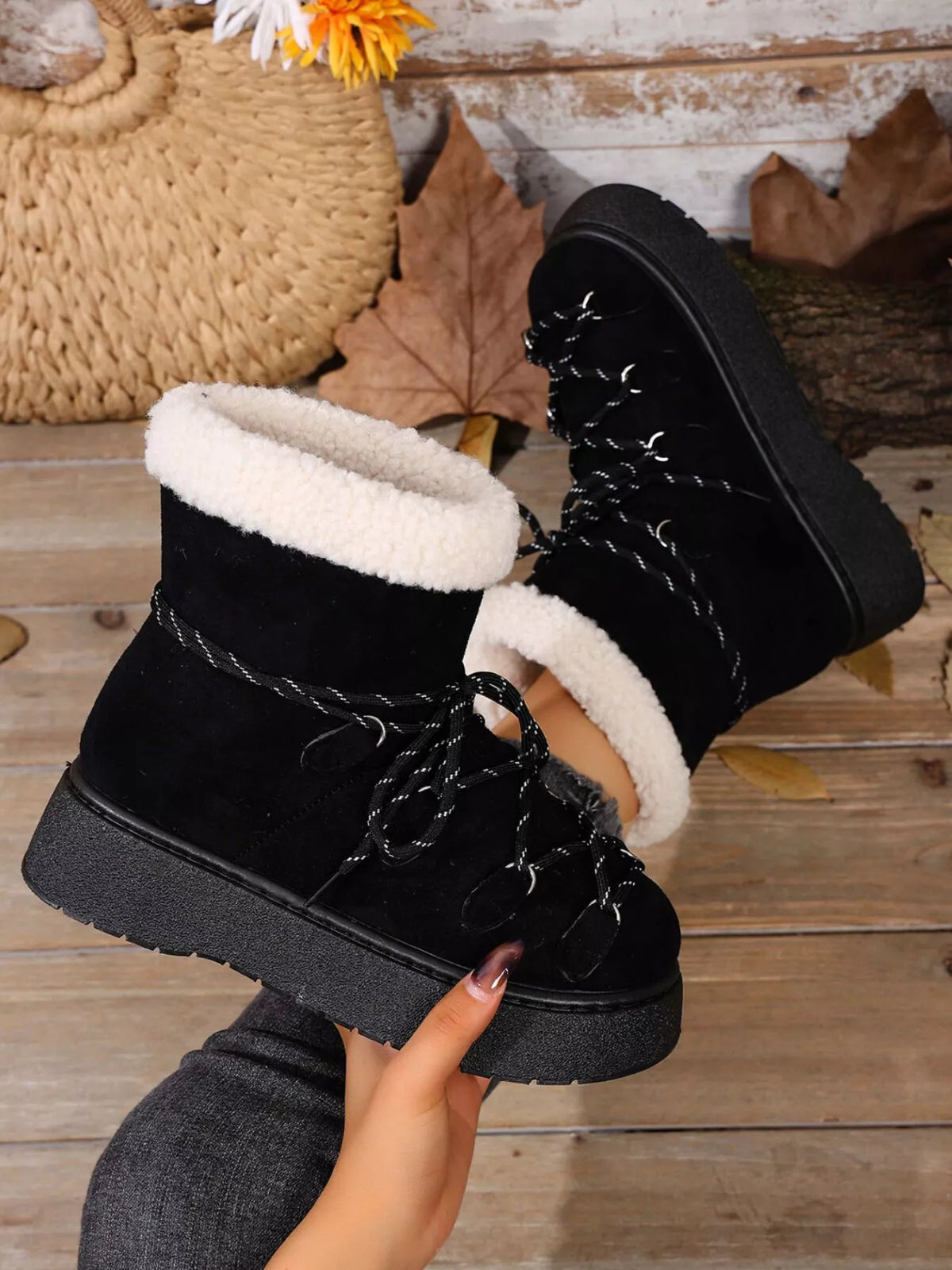 Round toe lace up platform boots angled view