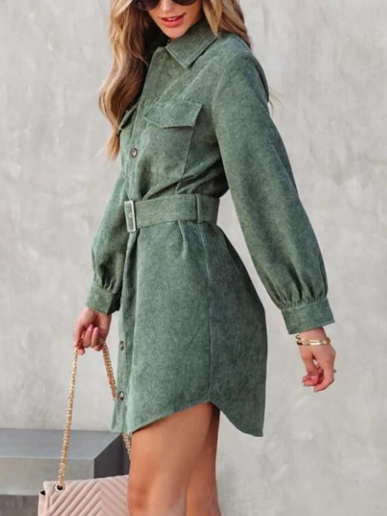 Button Front Belt Long Sleeve Corduroy Dress - Fashorio