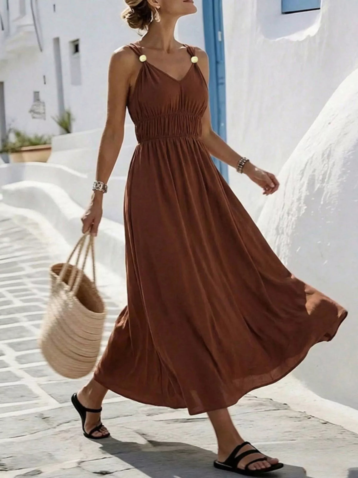 Full length view of the sleeveless maxi dress