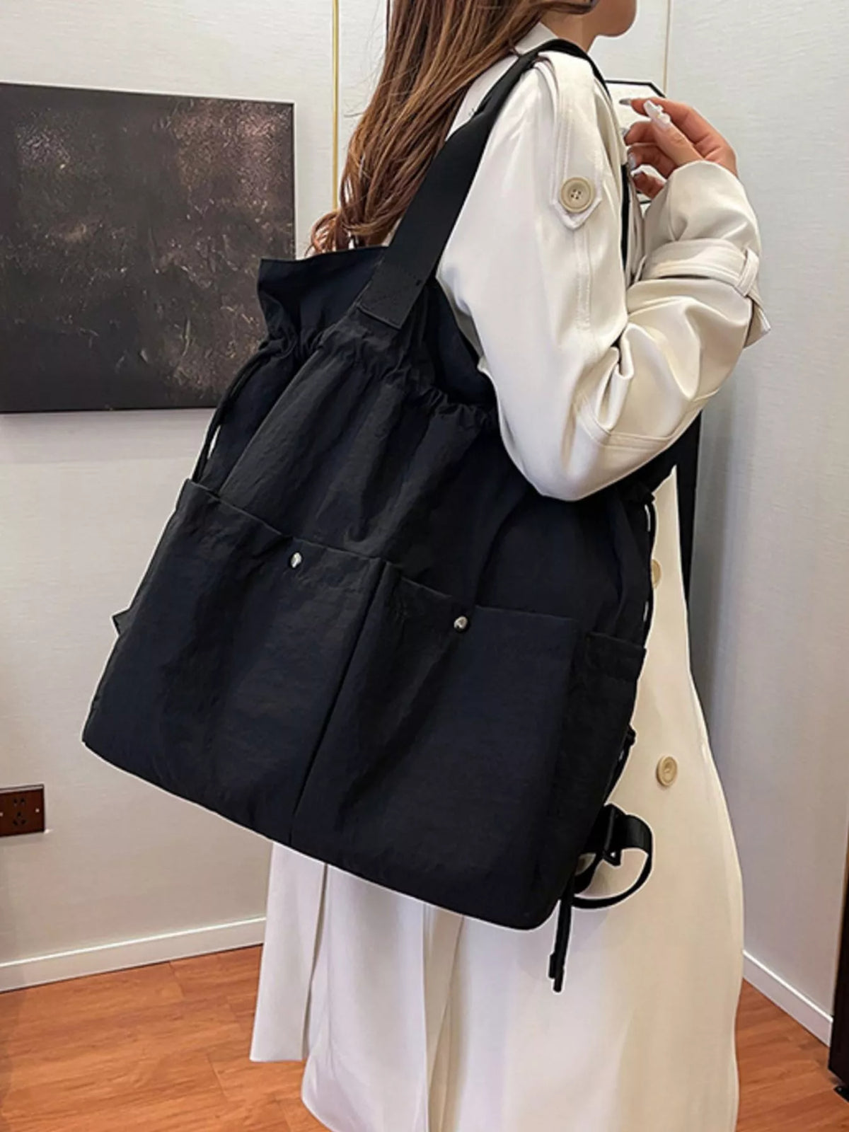Drawstring nylon backpack back view