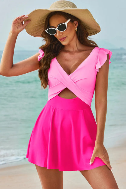 Cutout V-Neck Cap Sleeve One-Piece Swimwear Pink - Fashorio