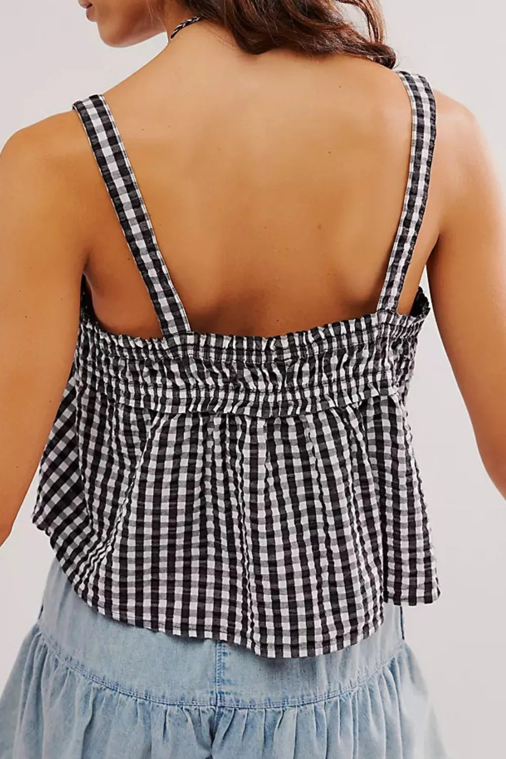 Close up of tied front textured square neck cami top fabric