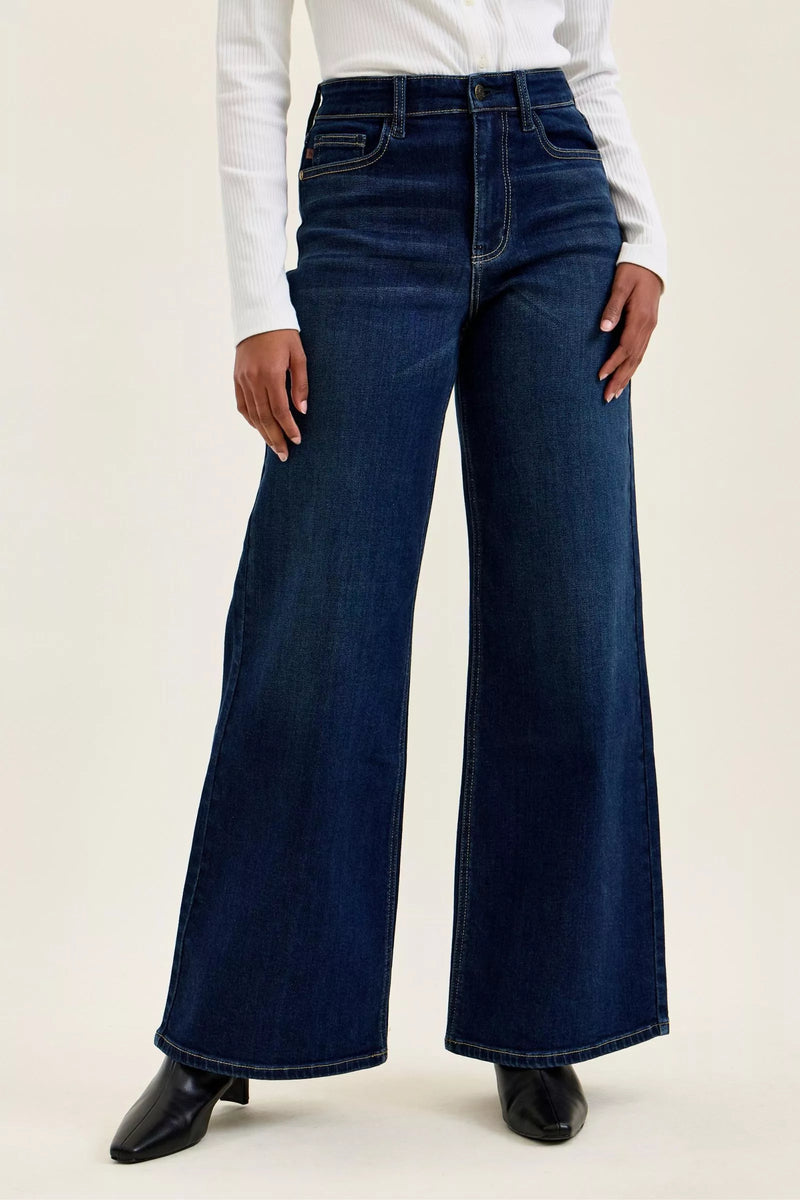 Judy Blue dark wash wide leg jeans front view