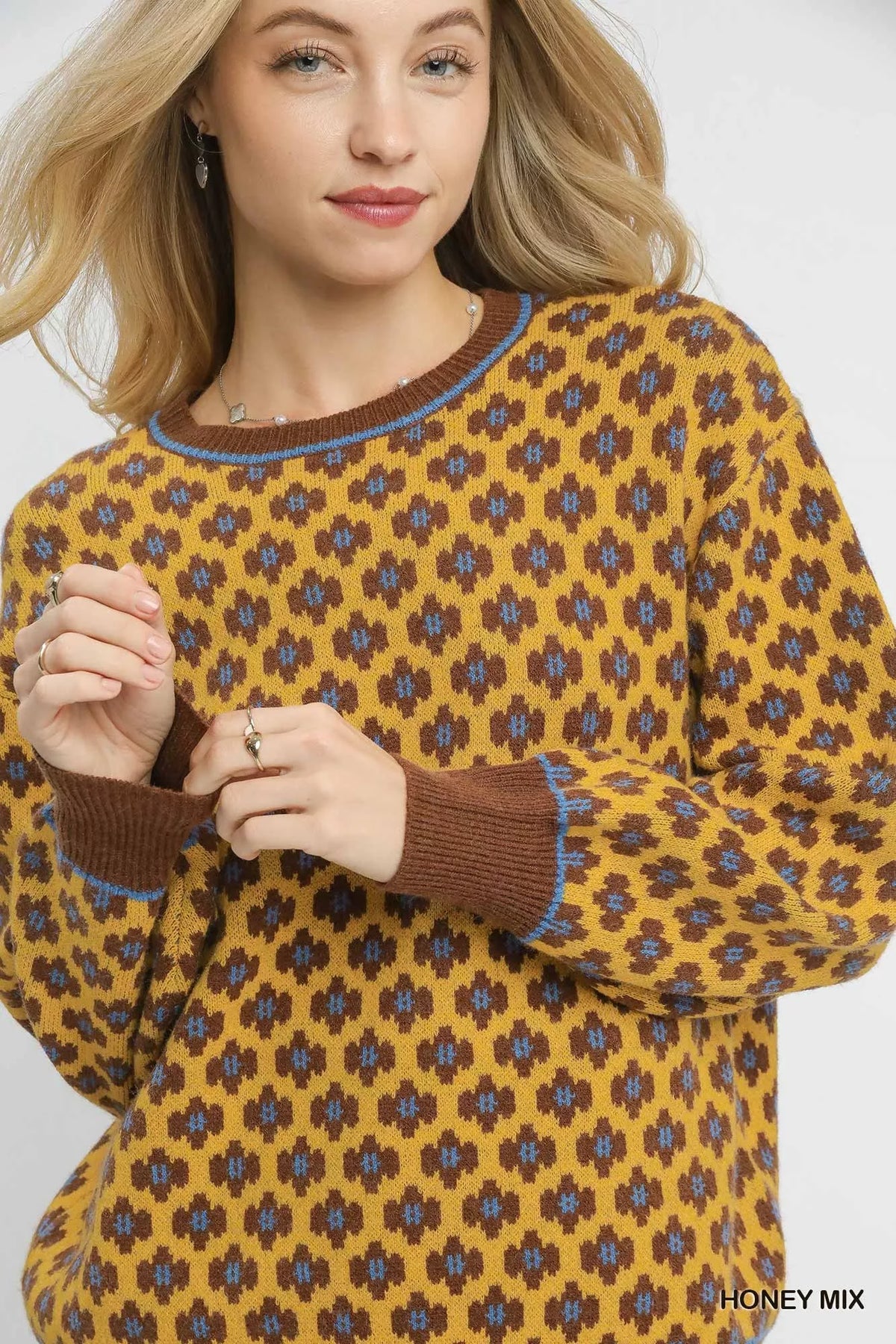 Abstract Print Crew Neck Sweater in Honey on model