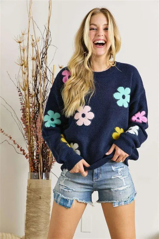 ADORA Full Size Flower Popped Sweater Plus Size NAVY - Fashorio