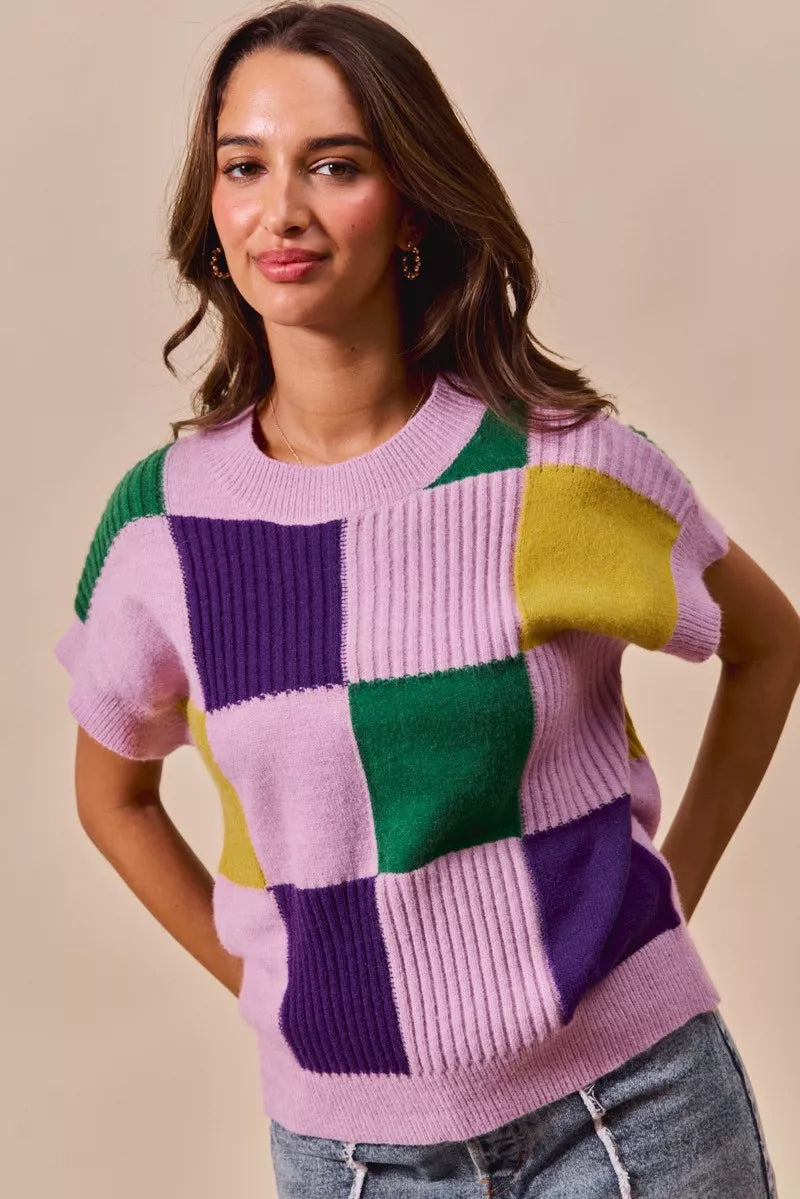 Check Plaid Casual Sweater Top in Lavender