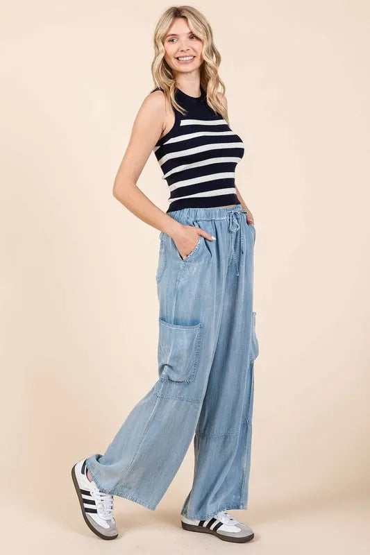 Mittoshop Washed Elastic Waist Cargo Wide Leg Pants - Fashorio