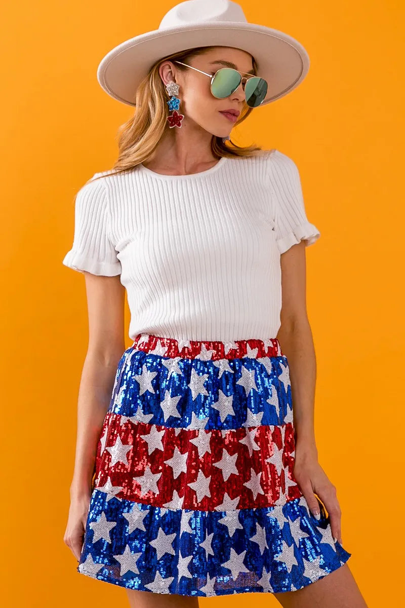 BiBi American Flag Theme Star Sequin Tiered Skirt - Fashorio