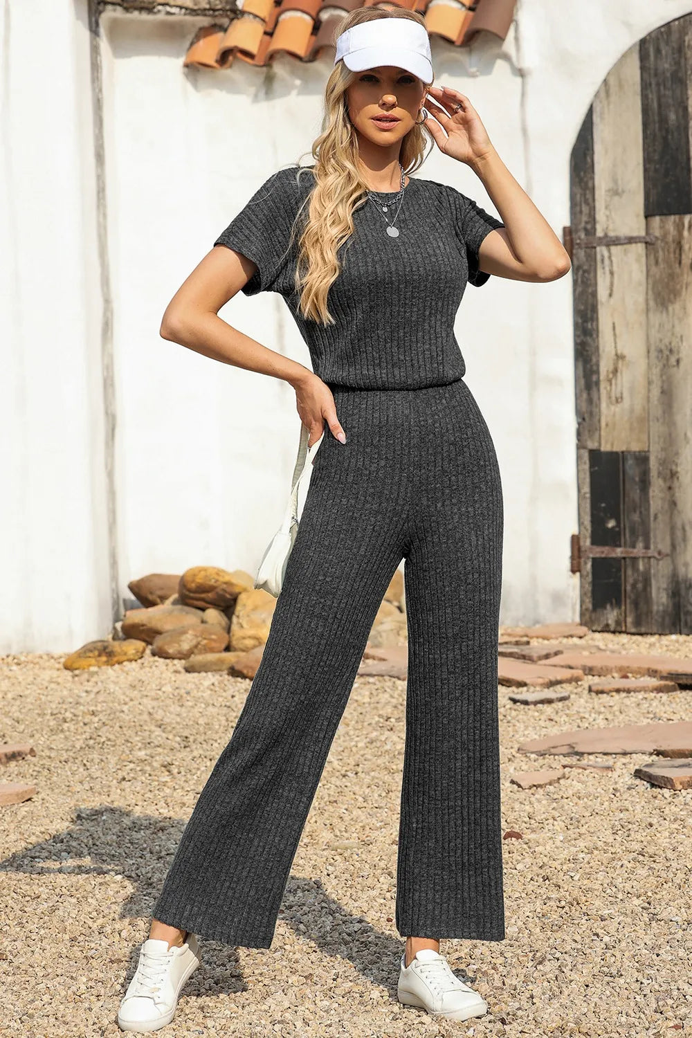 Ribbed Short Sleeve Wide Leg Jumpsuit - Fashorio