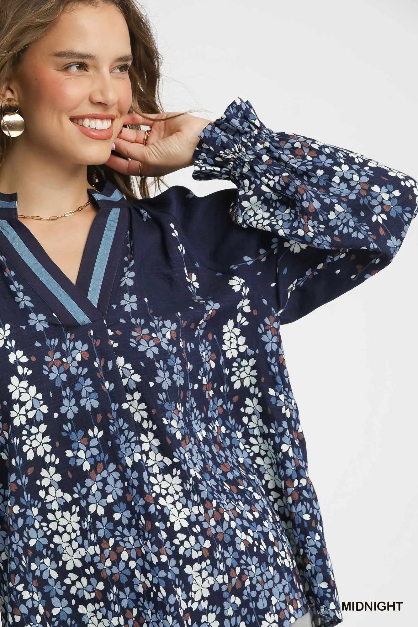 Umgee Full Size Floral Vine Print Blouse with Balloon Sleeves Plus Size - Fashorio
