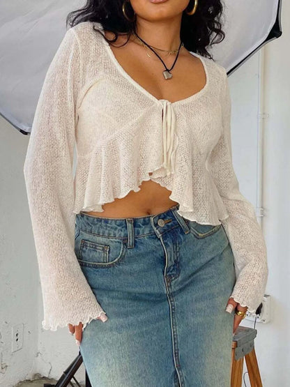 Ruffled Hem Tie-Front Cropped Cardigan - Fashorio