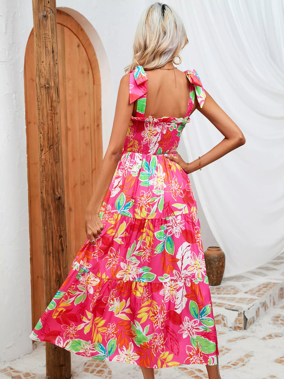 Tropical print smocked tie strap dress side view