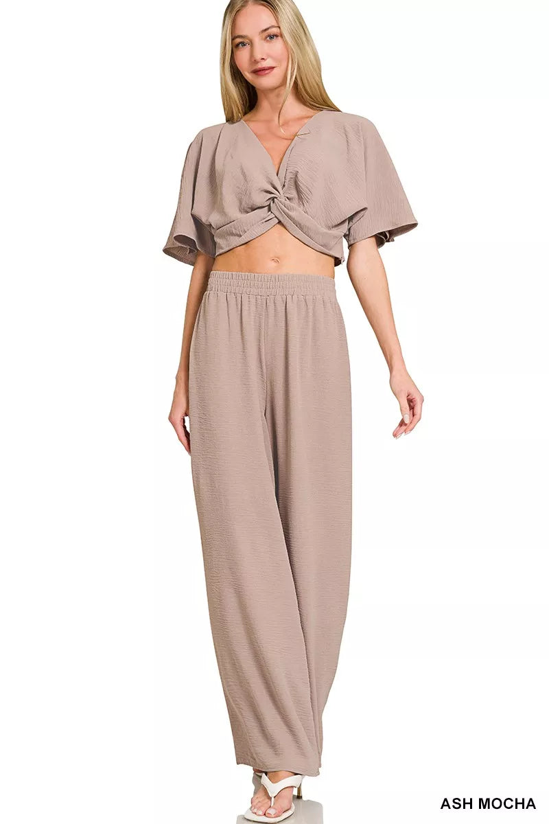 Woven airflow twisted top and wide leg pants set front view