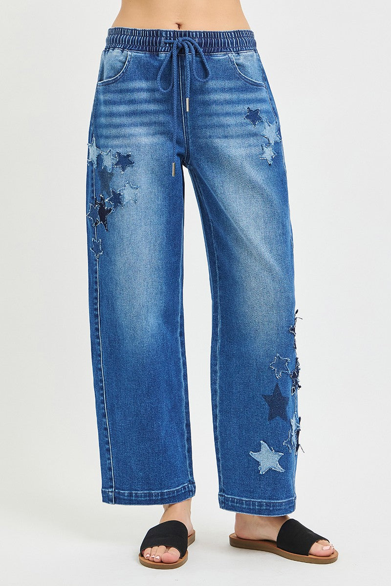 RISEN dark wash barrel jeans side view