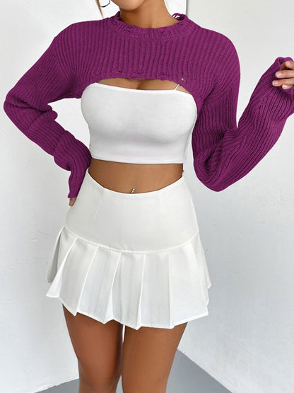 Distressed Long Sleeve Cropped Sweater - Fashorio