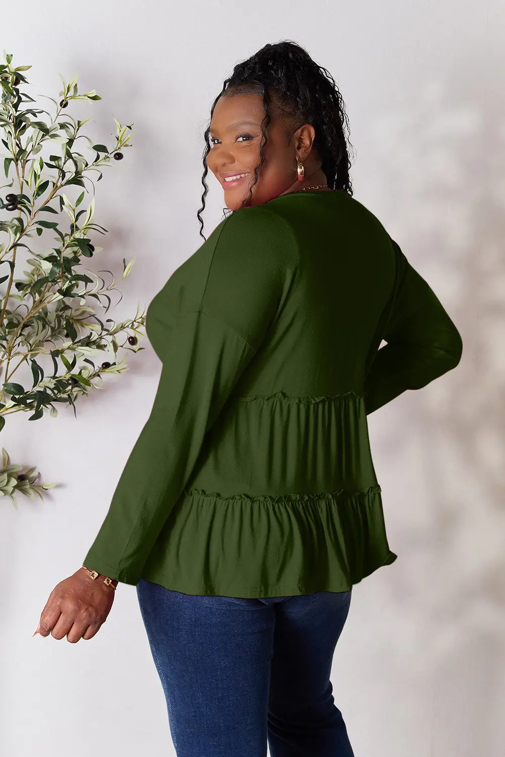 Double Take Half Button Long Sleeve Ruffle Hem Blouse - Fashorio