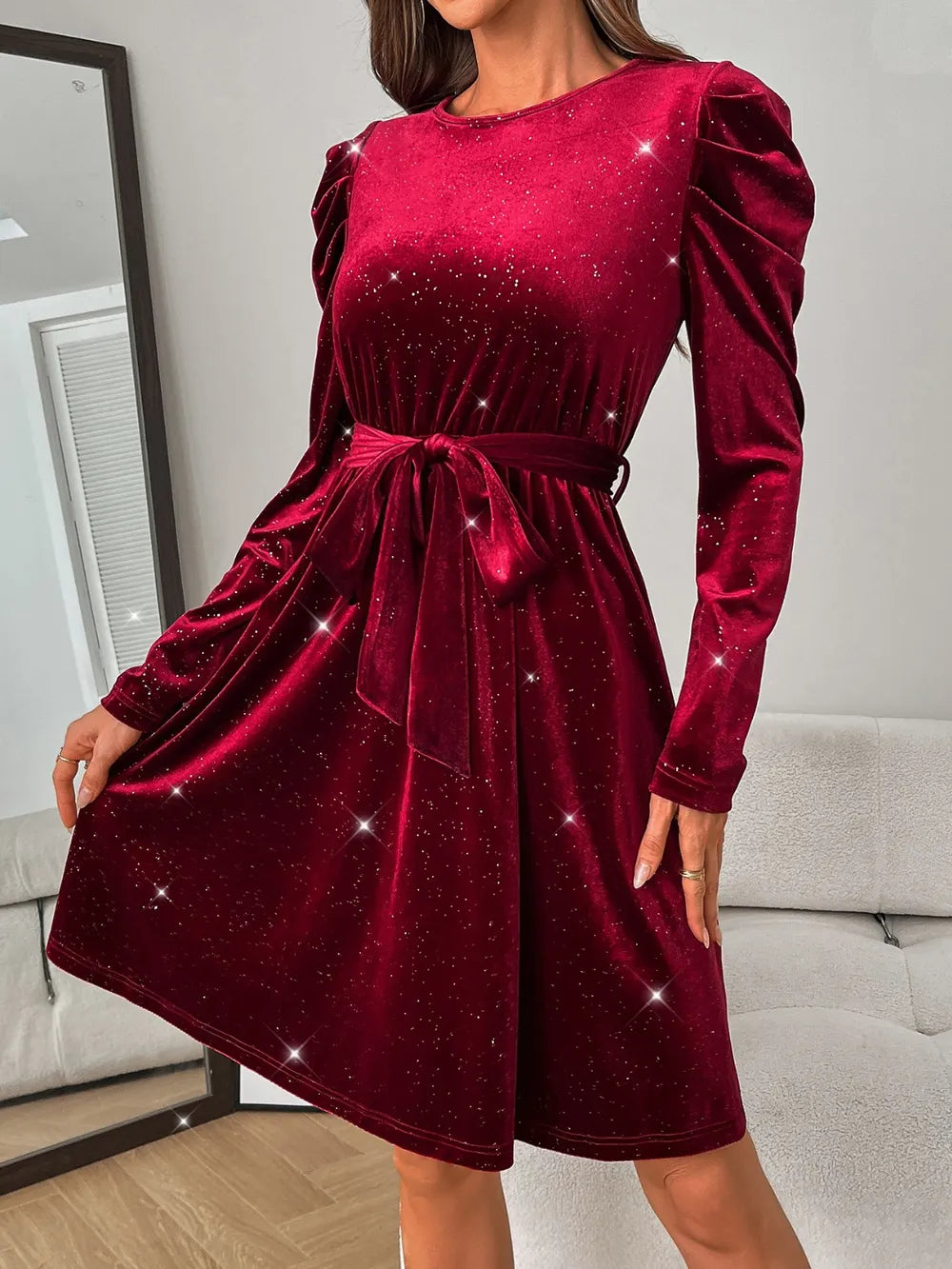 glitter round neck puff sleeve dress hem detail