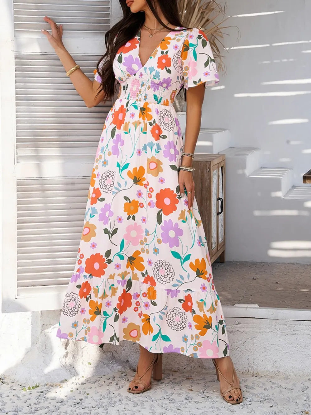 V-neck short sleeve maxi dress styled