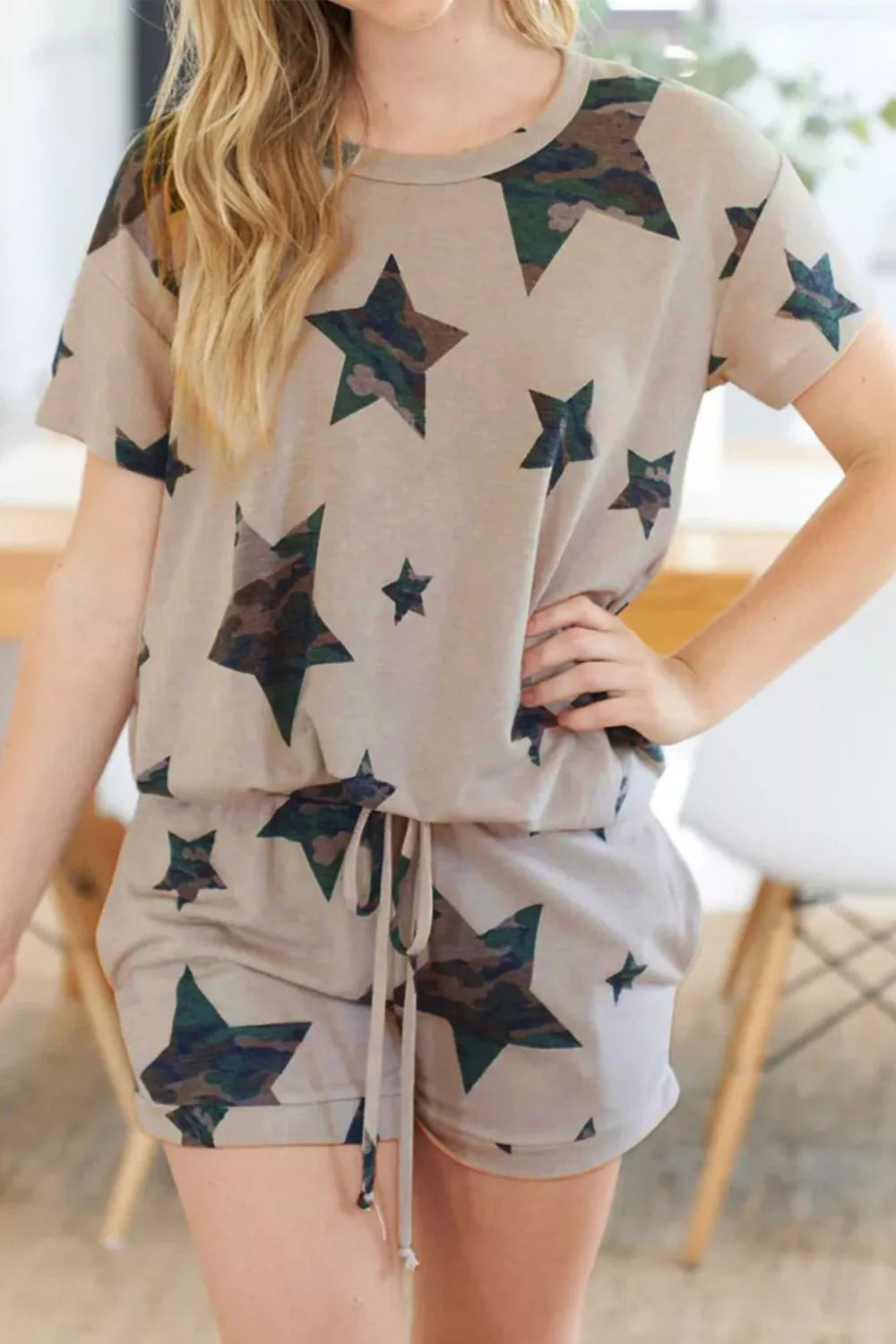 Camo star print tee and shorts lounge set front view
