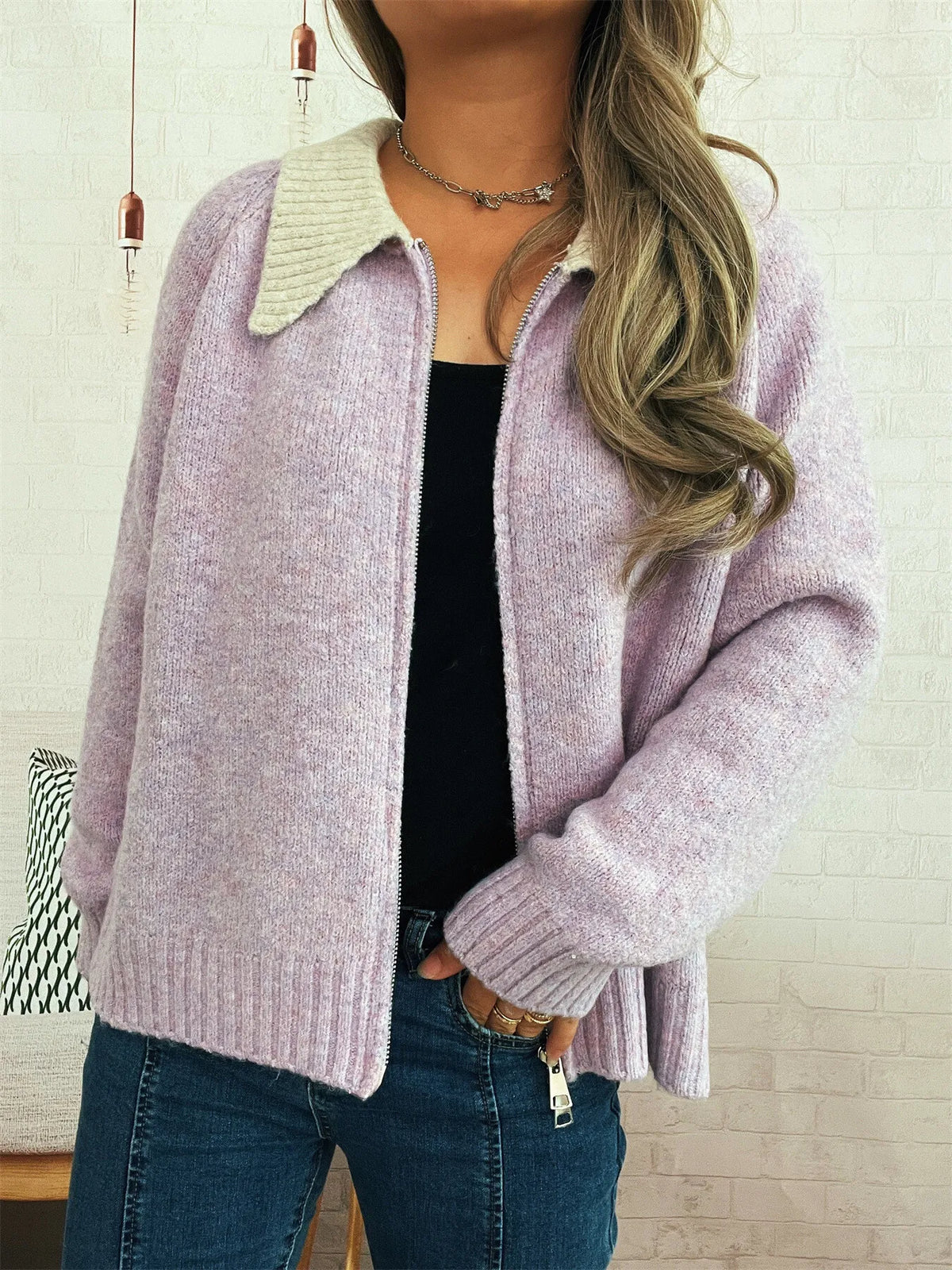 contrast collar zip up cardigan on model