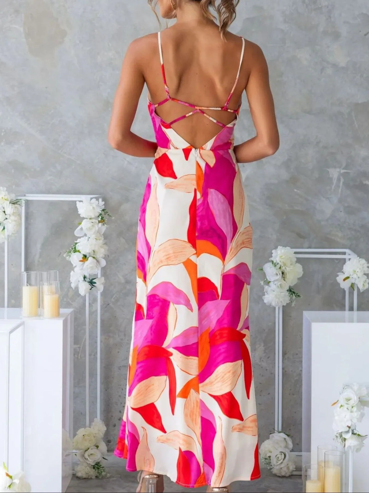 printed backless sleeveless maxi dress hem detail