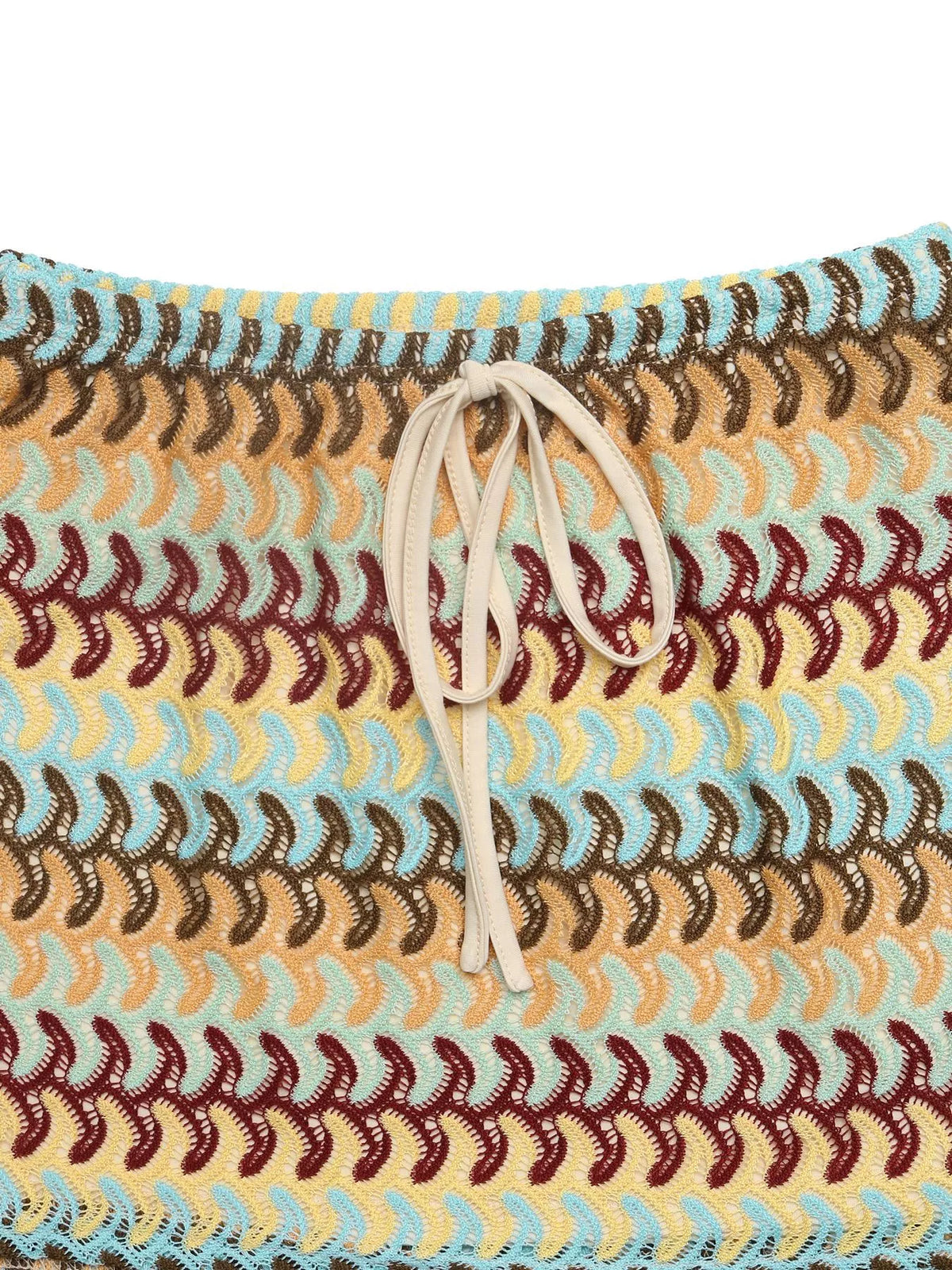 Yellow crochet drawstring mini skirt, three quarter view