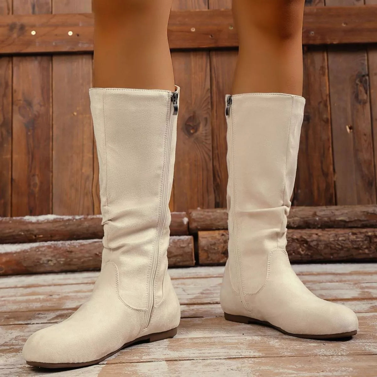 Round toe side zip boots top opening view