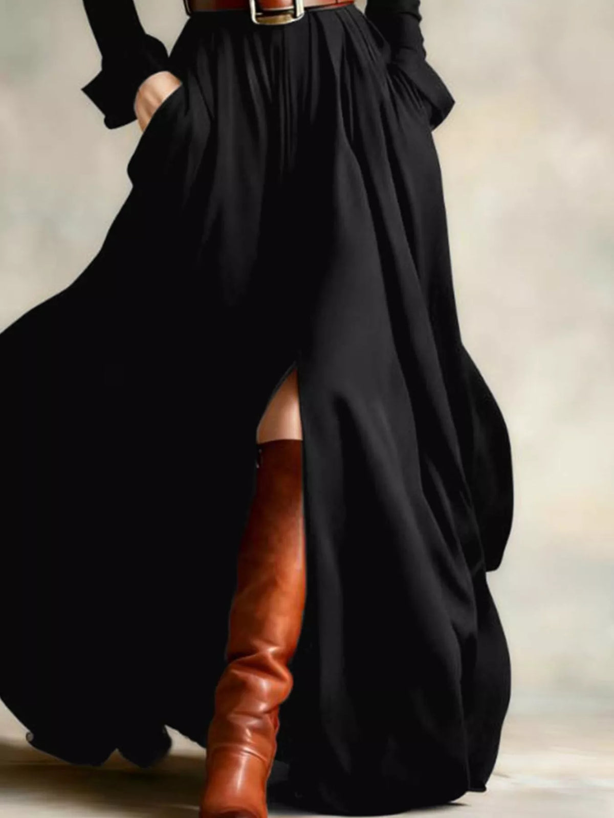 black button front long sleeve maxi dress side view