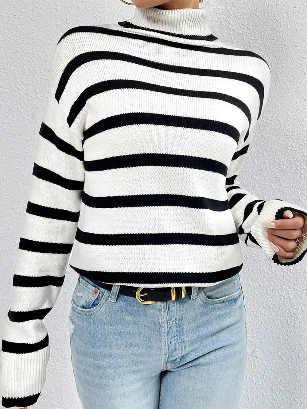 Striped Turtleneck Long Sleeve Sweater - Fashorio
