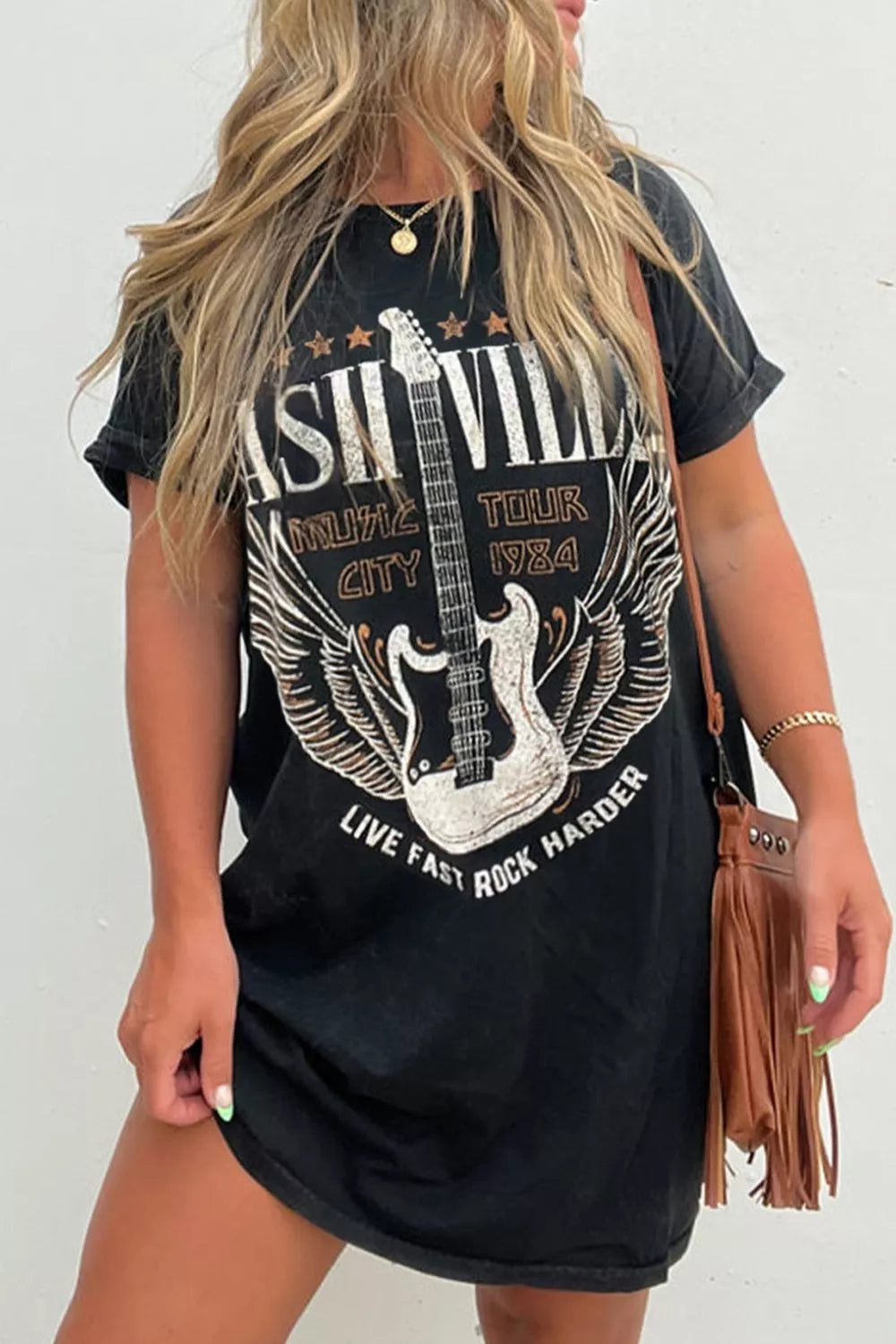 Graphic round neck tee dress in black front view