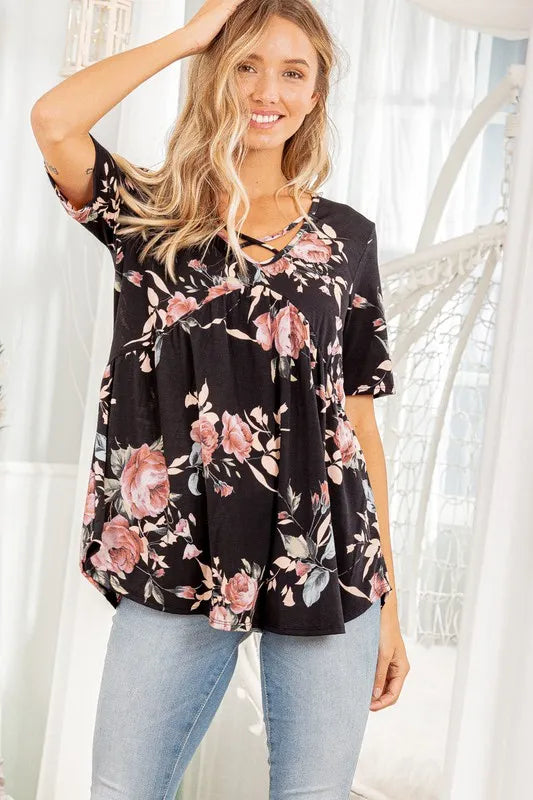 Crisscross neck floral babydoll top plus size front view
