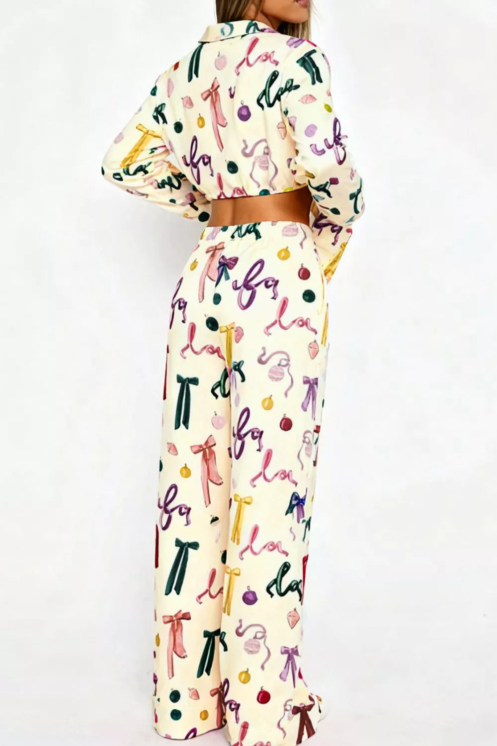 Bow Print Top and Wide Leg Pants Lounge Set, view 15