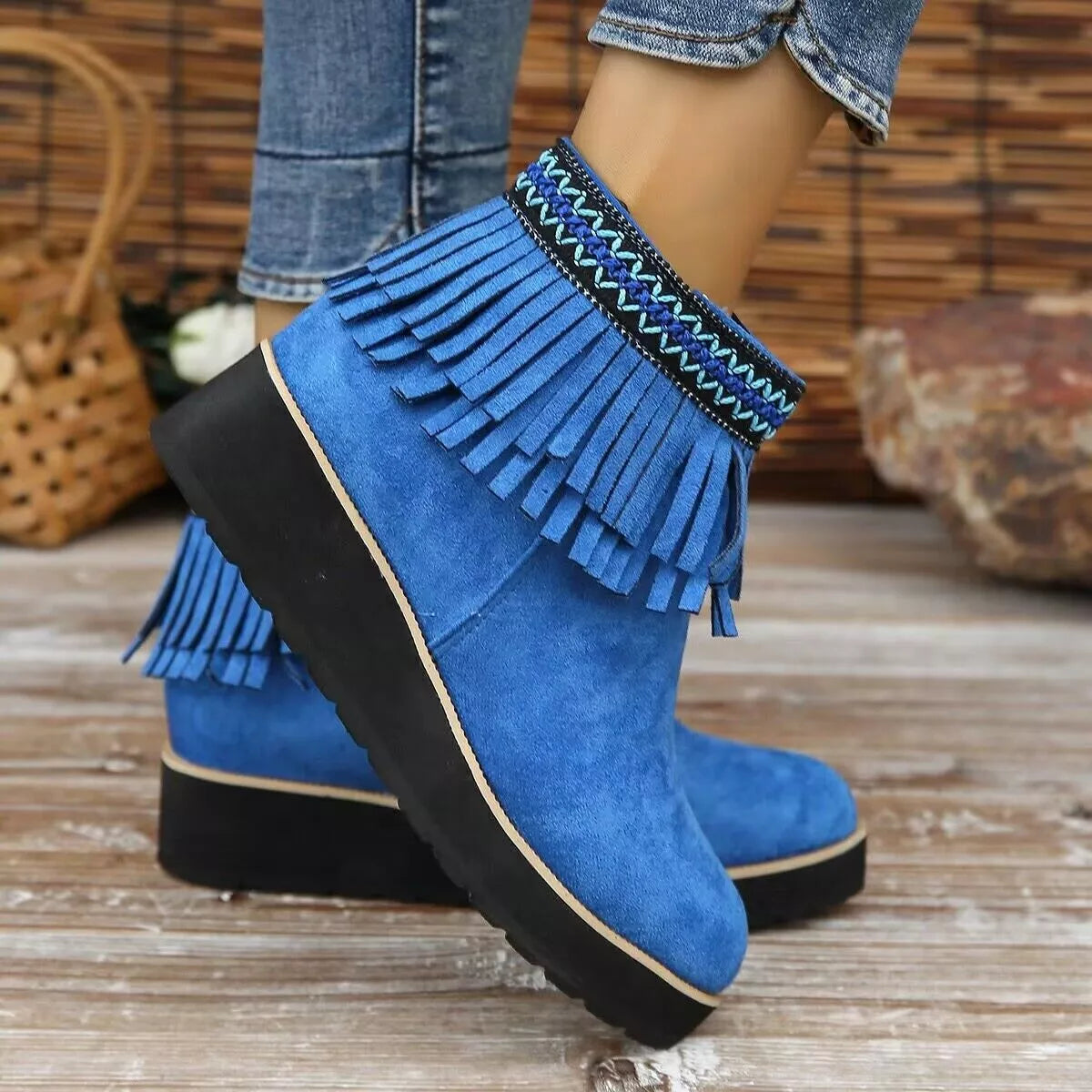 Fringe round toe ankle boots upper detail