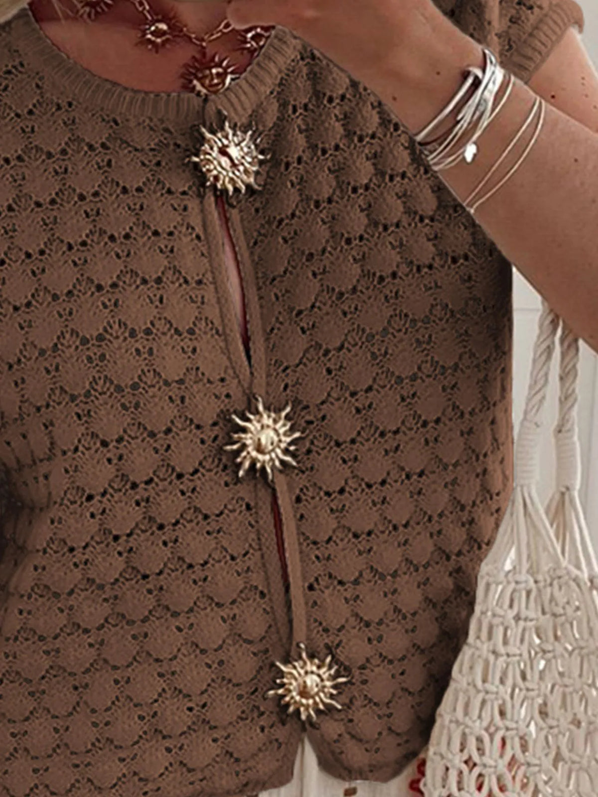 Crochet short sleeve button front cardigan front view