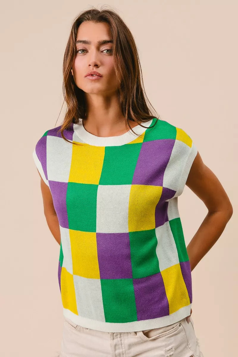 Checker Pattern Sleeveless Sweater Top in Off White view 8