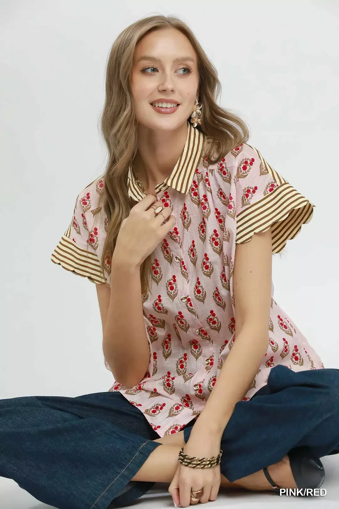 Pink floral cotton shirt side view