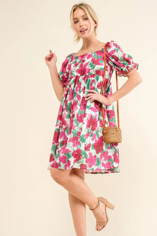 Smocked Floral Ruffle Mini Dress in Fuchsia side view