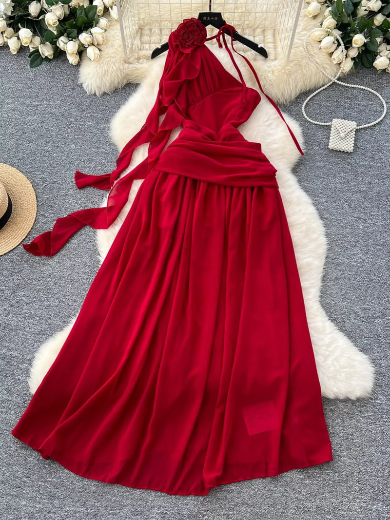Red one shoulder floral maxi dress front view
