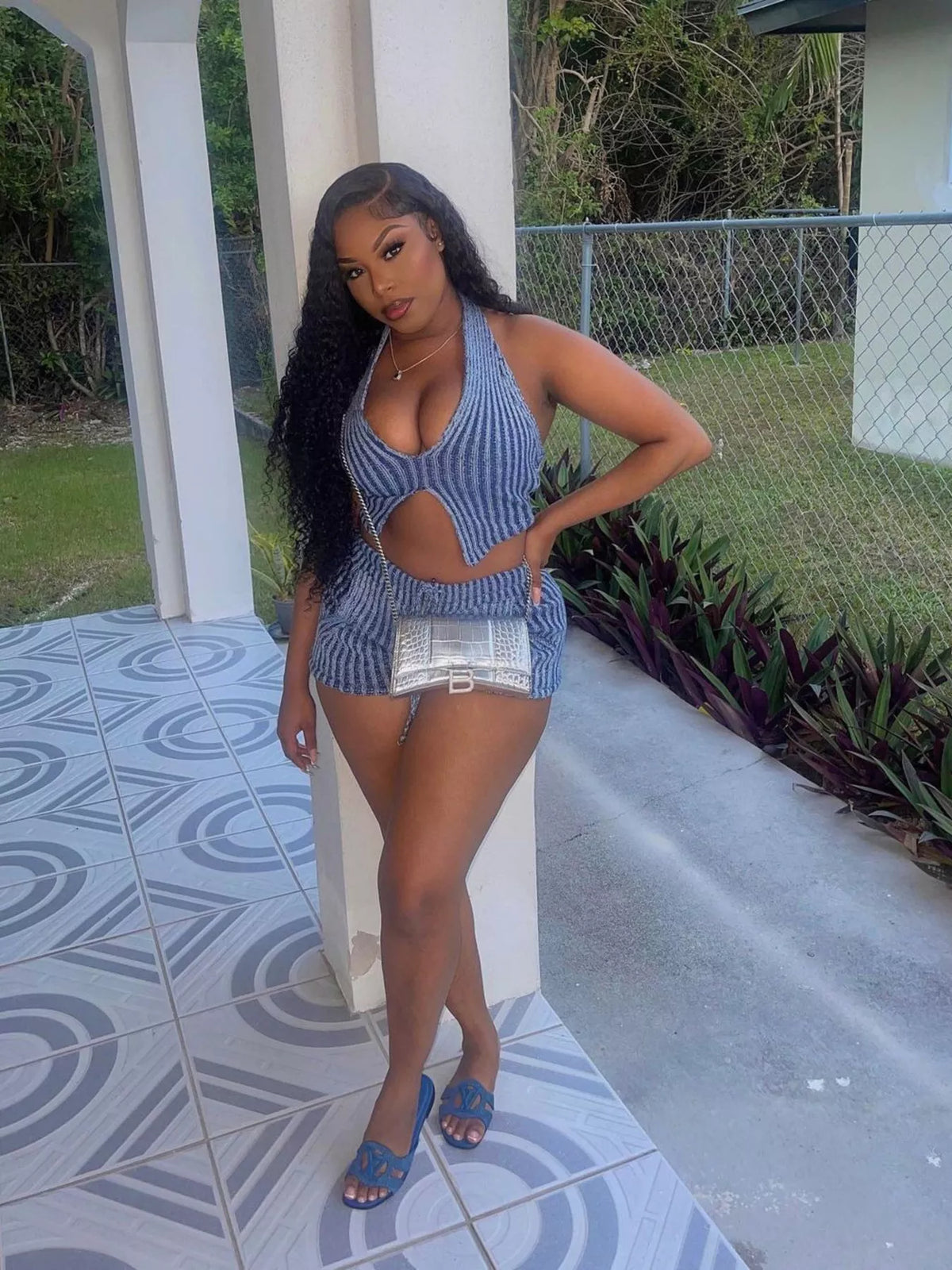 Halter neck top and shorts sweater set front