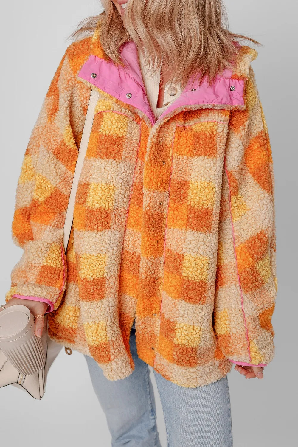 Checkered Sherpa Hooded Jacket in Tangerine