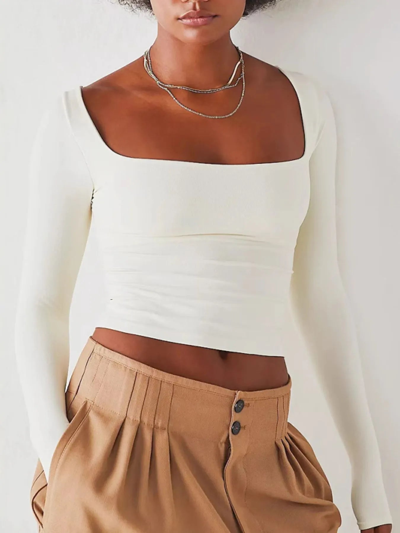 Square Neck Fitted Long Sleeve T-Shirt - Fashorio