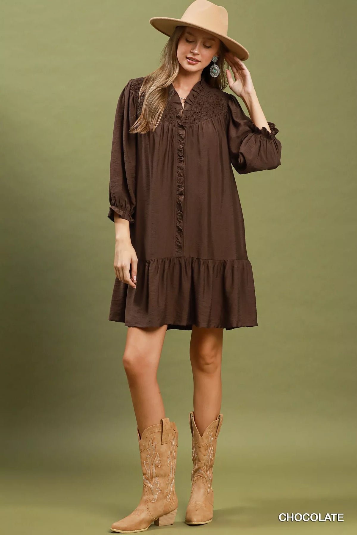 Chocolate smocked ruffle tiered mini dress detail view