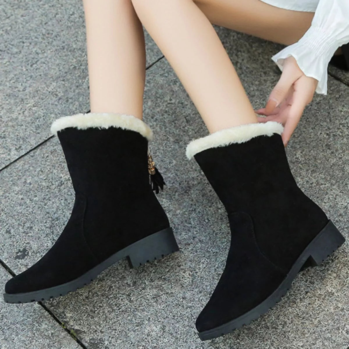 Round toe plush lined suede boots back view