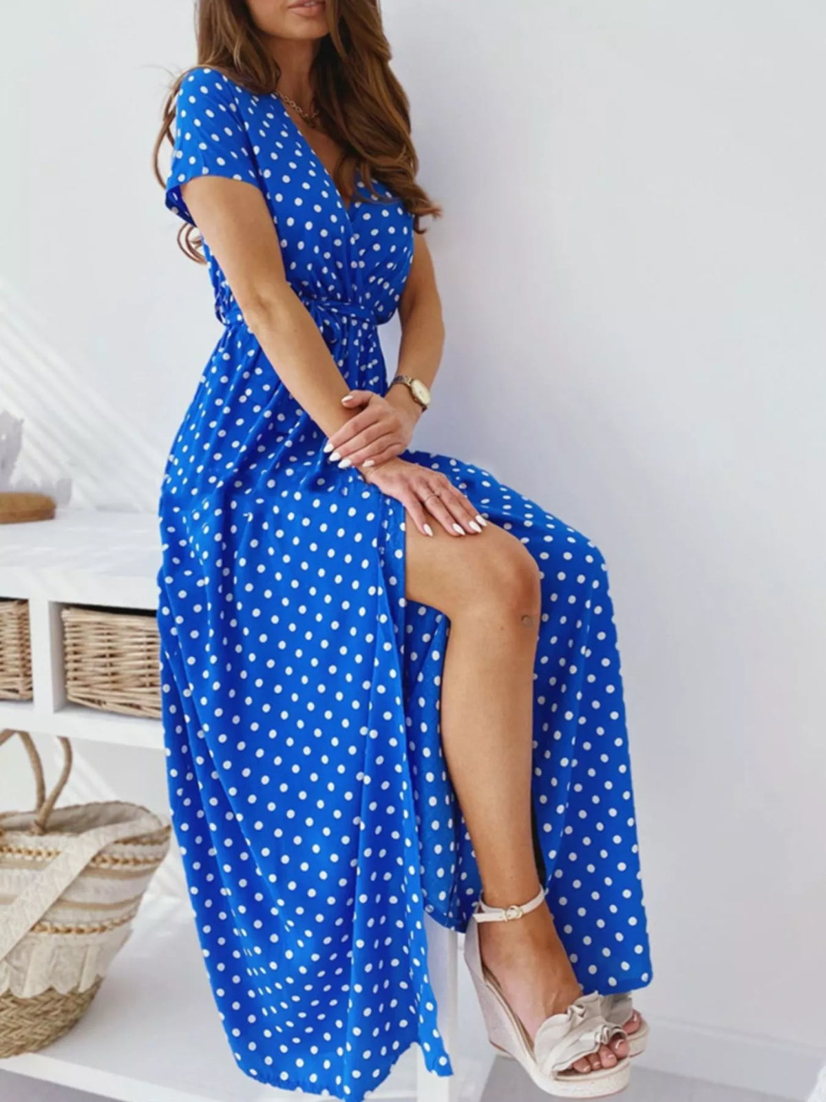 Polka dot surplice maxi dress with belt and slit front view