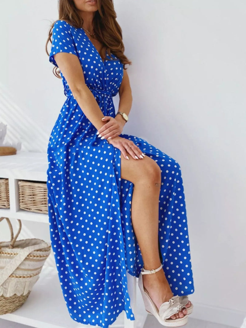 Polka dot surplice maxi dress with belt and slit front view