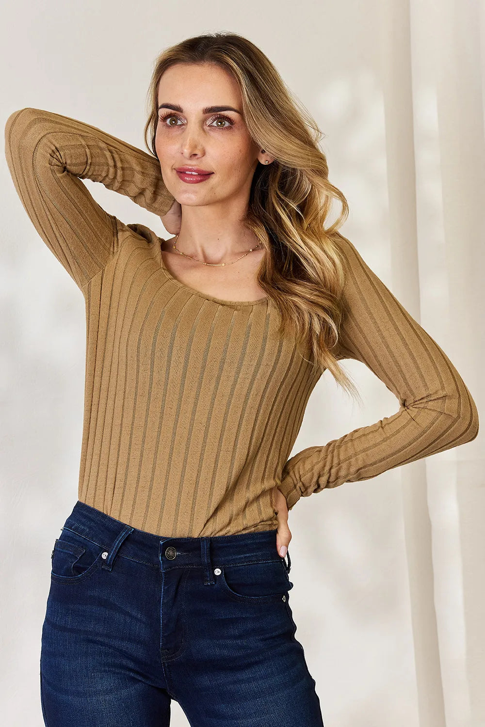 Long sleeve ribbed top side profile view