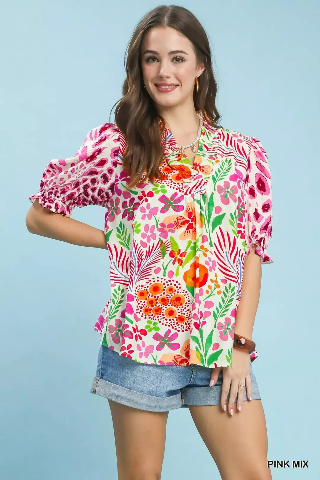 Umgee pink mix V neck ruffle puff sleeve top front view