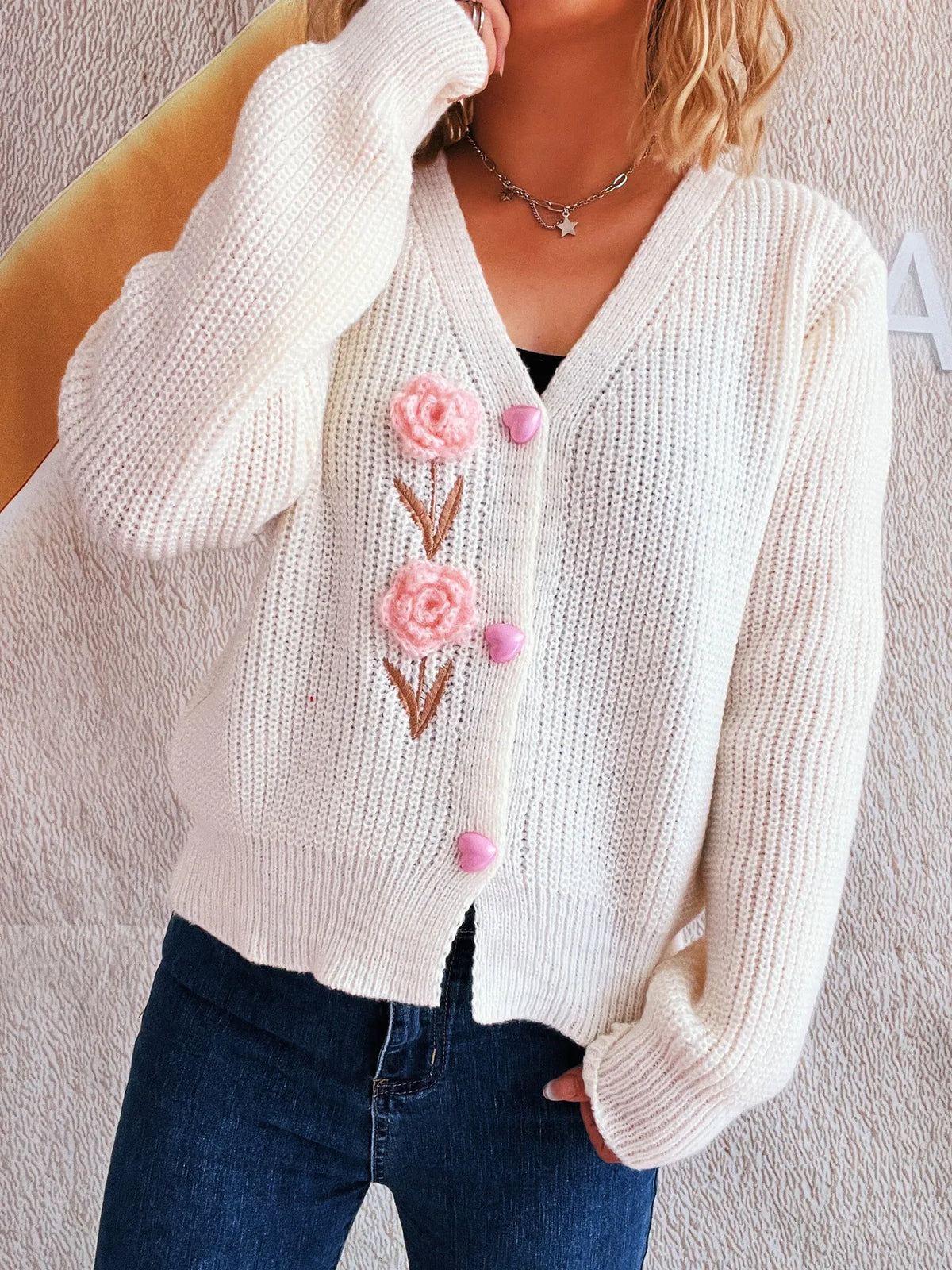Flower V neck button up cardigan, embroidery detail