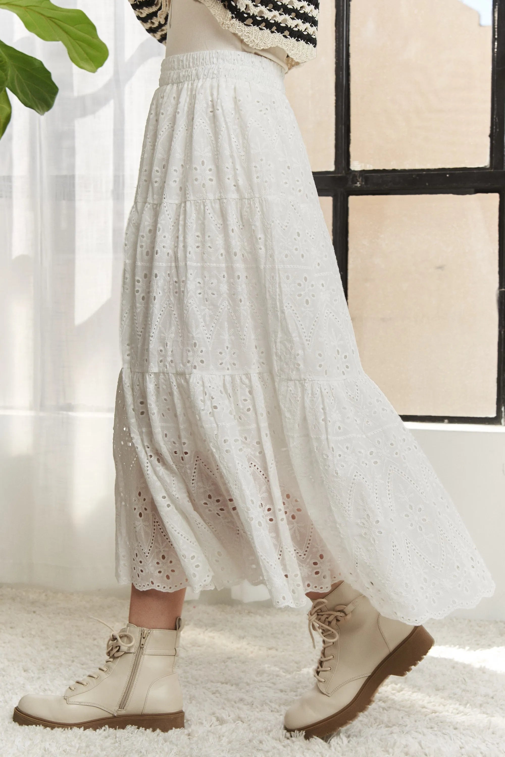 ADORA ADORA Elastic Waistband Tiered Midi Skirt